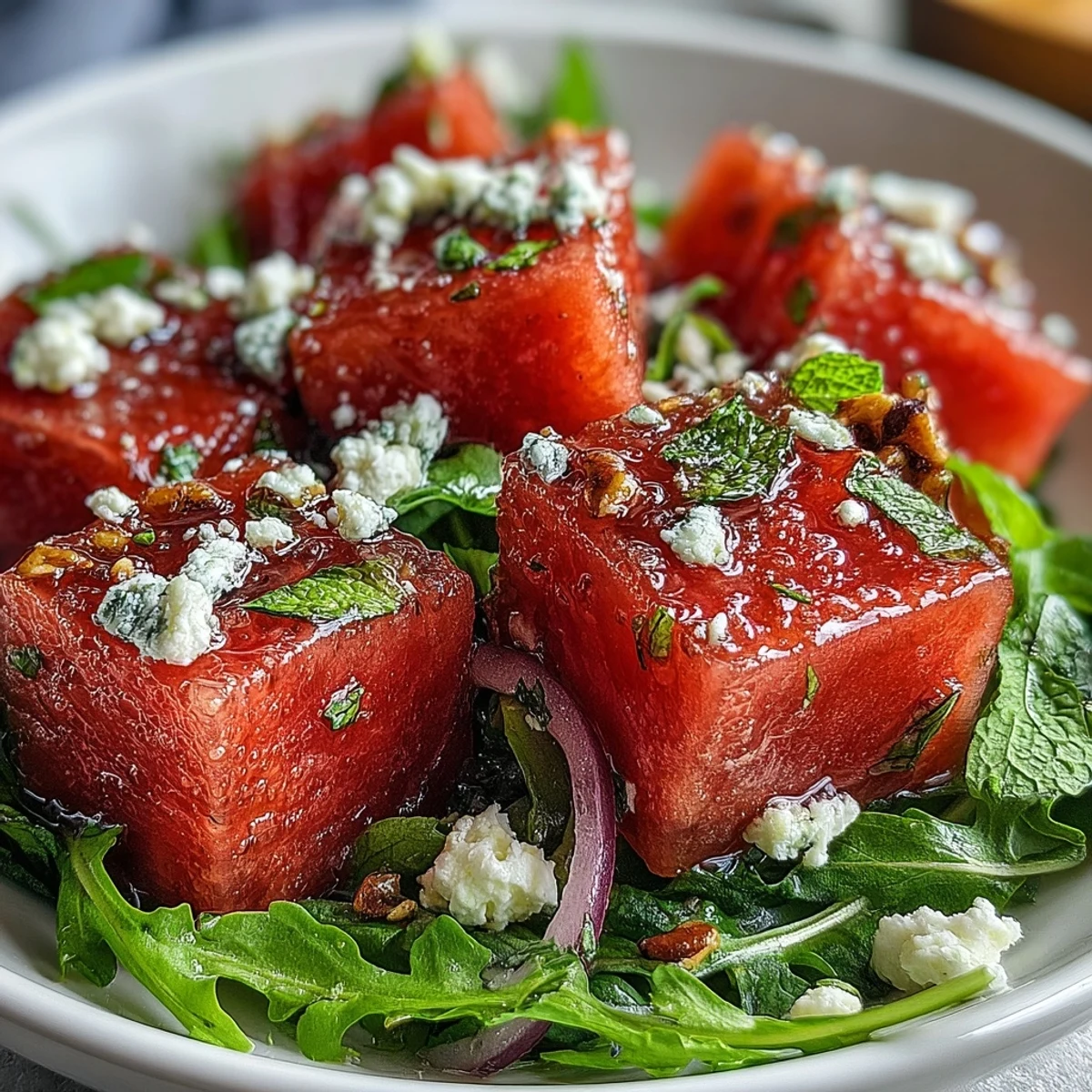 Leichter Wassermelonen-Rucolasalat mit Zwiebeln, Minze und vitalem Limetten-Dressing servierfertig.