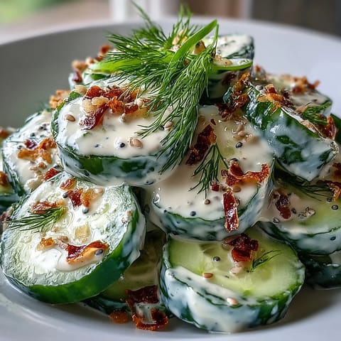 TikTok Gurkensalat mit Everything Bagel Dressing – Knackige Gurken in cremiger Sauce mit knusprigem Bagel-Gewürz.  