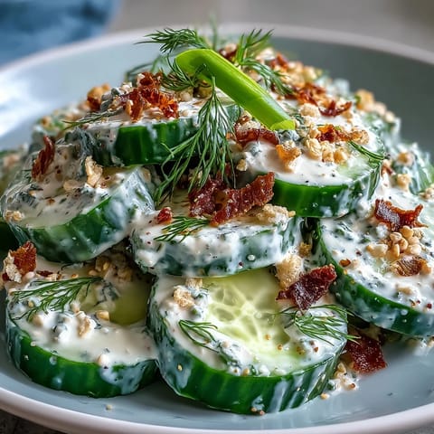 Kühl und erfrischend: Gurkensalat mit cremigem Everything Bagel Dressing und frischem Dill.  