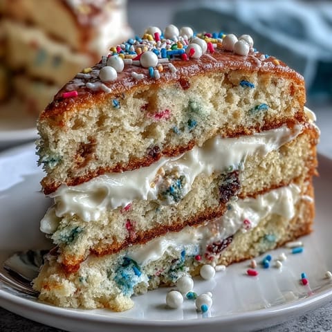 Bunter Spring Funfetti Dip Kuchen mit cremiger Glasur und bunten Streuseln für festliche Geburtstagsfeiern.