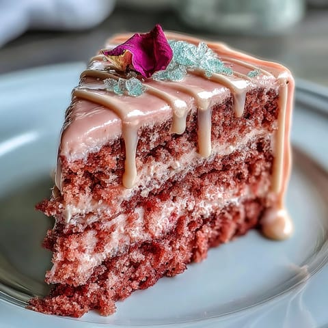 Elegantes rosa Rosé Velvet Cake mit schickem Gold-Drip, perfekt zum Servieren.