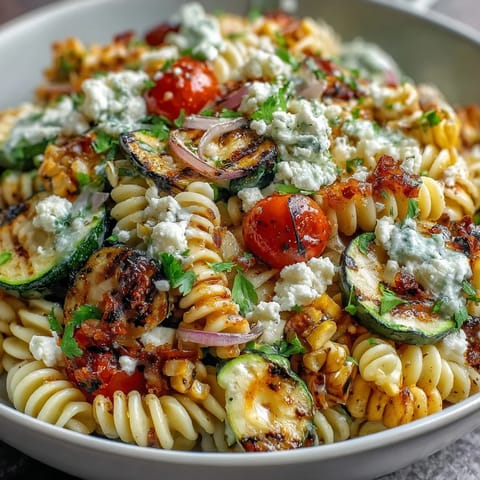 Bunter Sommersalat mit gegrillter Zucchini, Mais und Cotija-Käse, perfekt für Grillabende und Picknicks.  