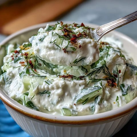 Cremiger Skyr Tzatziki Dip mit Gurke und Dill, perfekt zum Dippen.