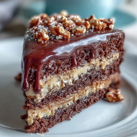 Sattes Schokoladen-Erdnussbutter-Brezelkuchen-Foto, perfekt für Vatertag.