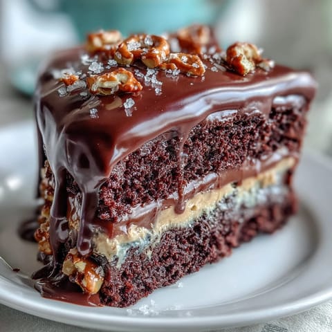 Saftiger Schokoladenkuchen mit cremigem Erdbeerbutter-Topping und knusprigen Brezeln.