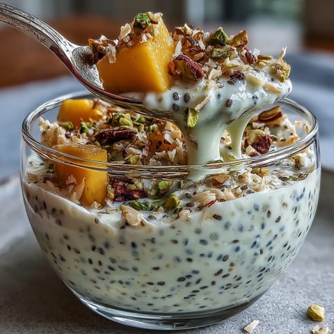 Skyr Protein Chia Pudding mit Mango, garniert mit Kokos und Nüssen.