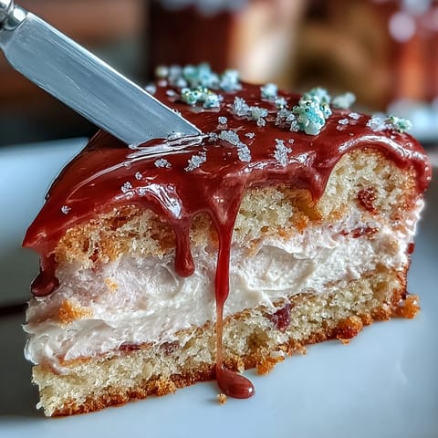 Edler rosa Samtkuchen mit Roséwein-Note und glänzendem Gold-Drip auf Sahne.