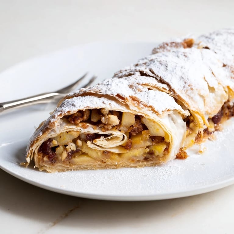 Golden gebackener Wiener Apfelstrudel, bestäubt mit Puderzucker und voller köstlicher Füllung.    