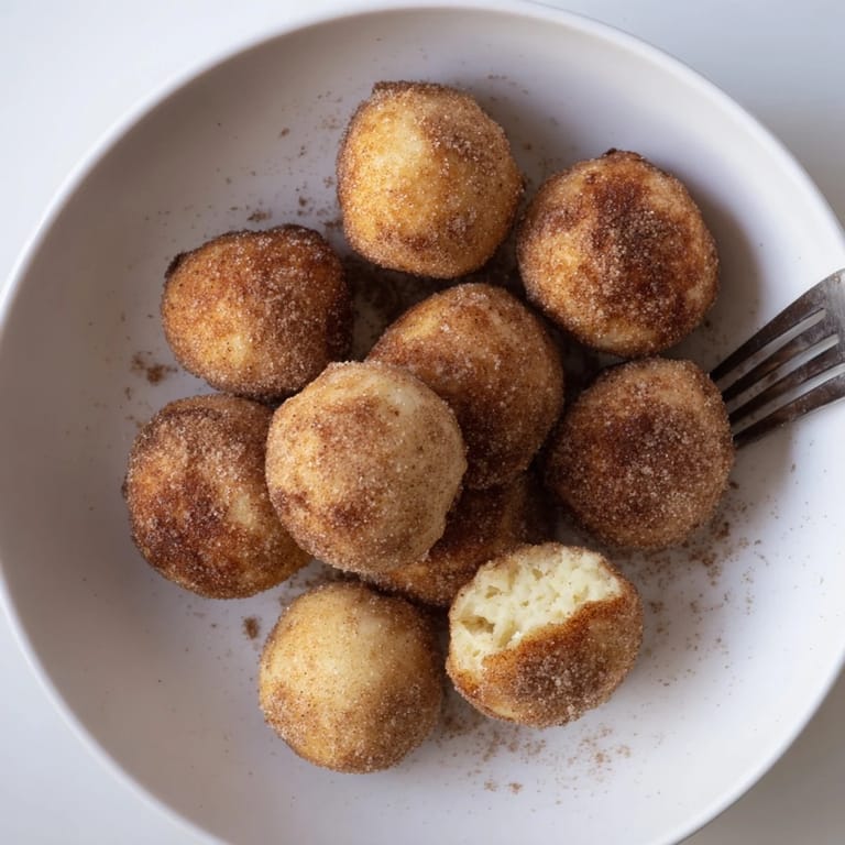 Knusprig frittierte Quark-Donutbällchen, warm serviert und mit Zimt-Zucker bestäubt.  