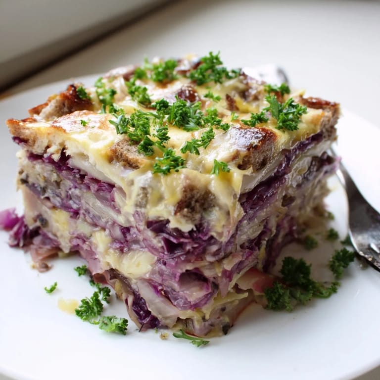 Aromatischer Rotkohlauflauf mit frischen Äpfeln, serviert als rustikales Hauptgericht.  