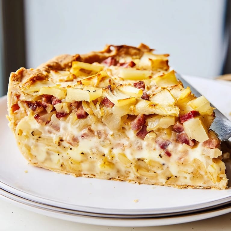 Herzhafter deutscher Zwiebelkuchen serviert warm, ideal zu einem guten Riesling.