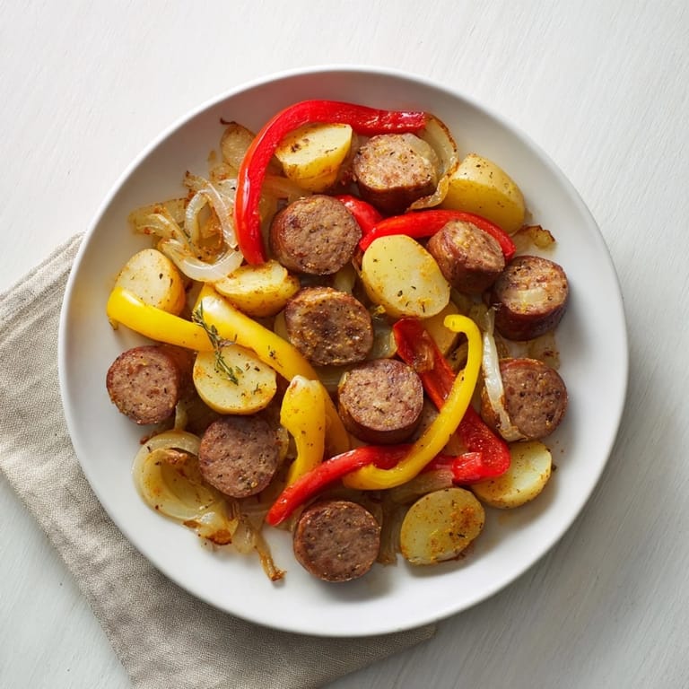 Ein köstliches 1-Pot Kielbasa and Potato Bake: Rauchige Wurst, zarte Kartoffeln und Paprika in einem Topf gebacken.