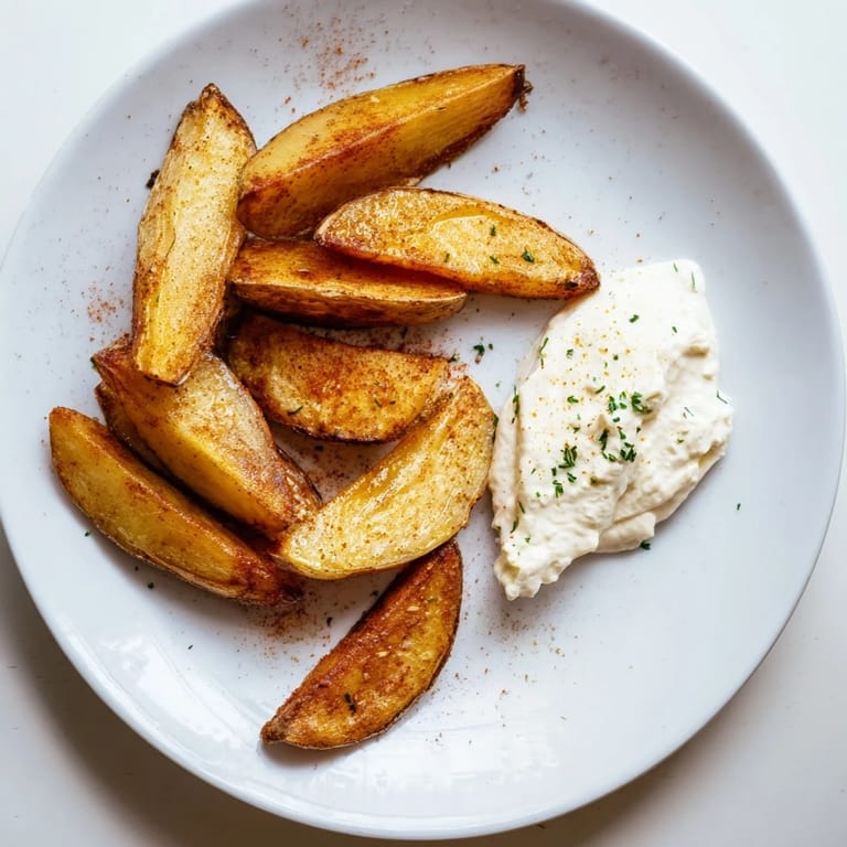 A close-up of crispy oven-baked potatoes, showing texture with the fresh herb quark.