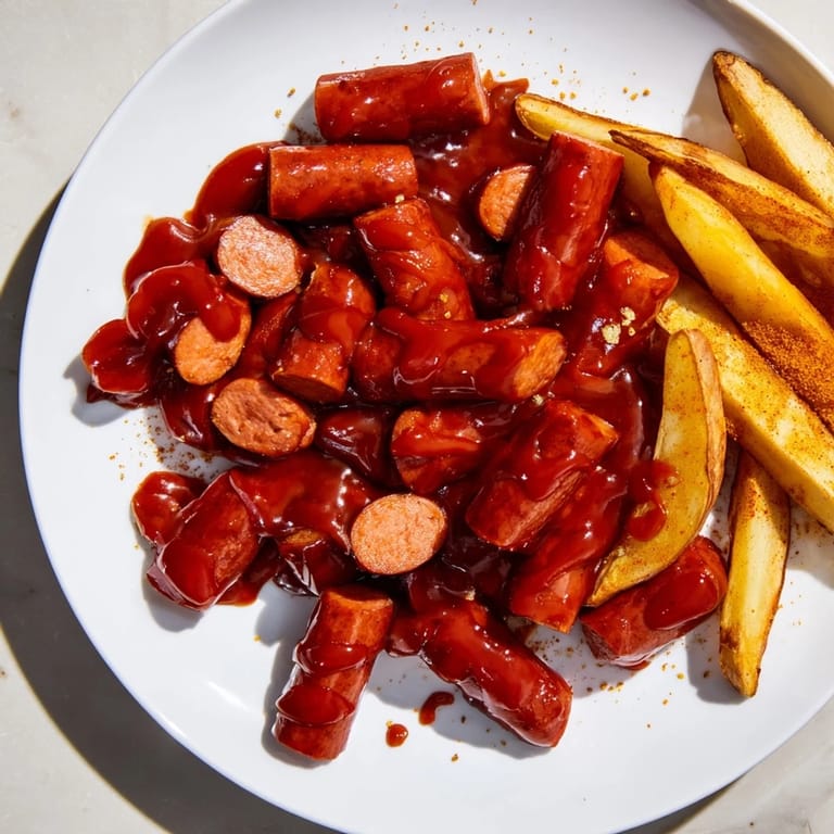 Close-up of freshly made Currywurst, a German street food favorite, with perfect fries.