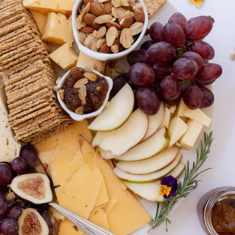 Artisanal cheeses and fruit complement the pile of golden wheat crackers on the bundle board.