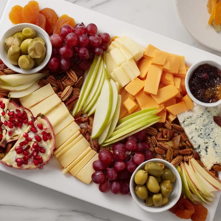 A close-up of a Cornucopia Harvest Board, highlighting the fresh, ripe fruits and creamy cheeses ready to serve.