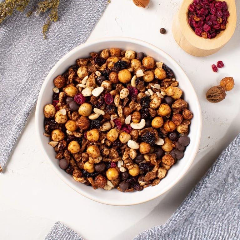 Ein Teller voller frisch gerösteter Acorn & Oak Snack Mix, mit Nüssen und Gewürzen, für ein herzhaftes Geschmackserlebnis.