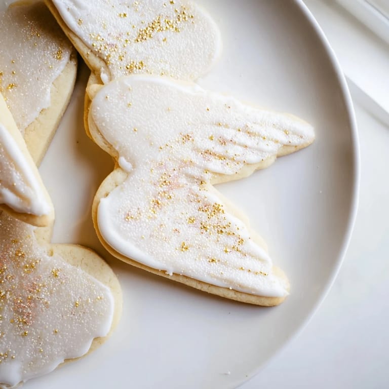 Freshly baked angel wings sugar cookies, glistening with icing, ready to be enjoyed with a tea.