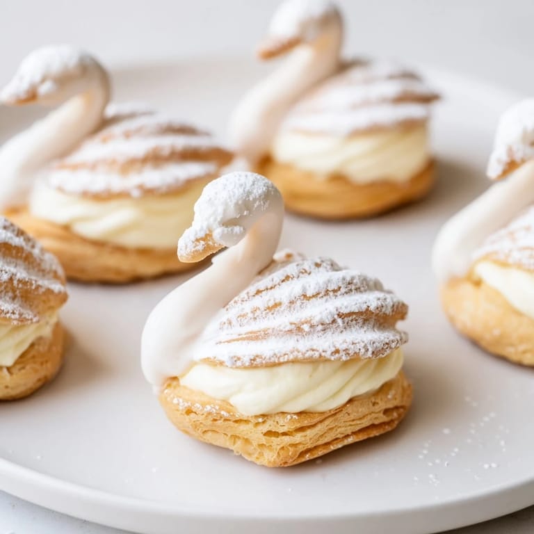 Delicate Elegant Swan Petit Fours displayed on a platter, glazed with shiny white fondant.