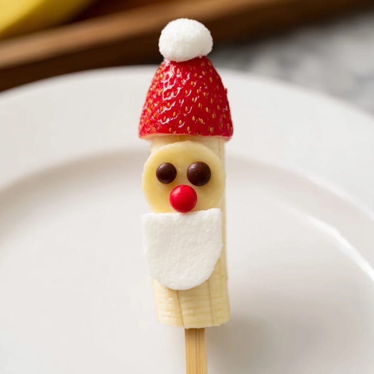 Close-up of adorable Banana Santa Snack Sticks, featuring banana faces, strawberry hats, and festive details.