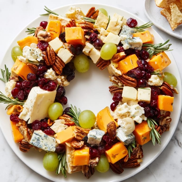 Vibrant holiday wreath cheese ring arrangement, showcasing colorful cheeses and garnishes for a party.