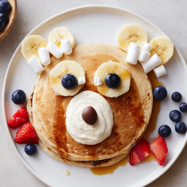 Close-up of a whimsical polar bear pancake stack board with fresh fruit, ideal for a kid's meal.