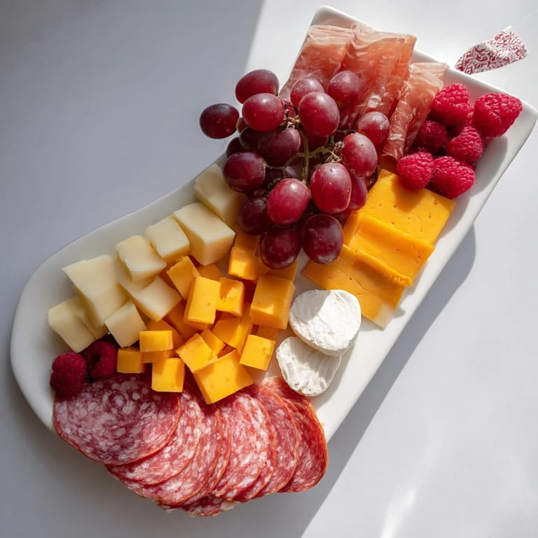 Holiday-themed meat and cheese charcuterie board overflowing with salami, brie, and fresh, bright fruits for a party.