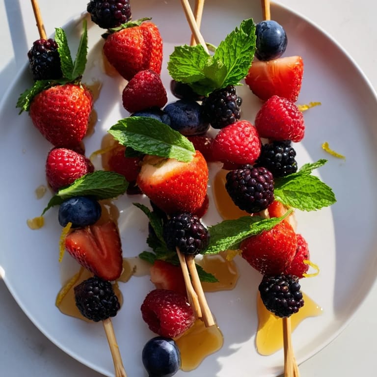 Bunte Fruchtspieße mit verschiedenen Beeren und Minzblättern, bereit zum Genuss als leichter Snack.