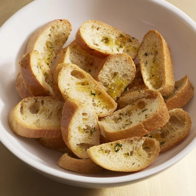 Freshly toasted Simple Bread baguette slices, beautifully laid out, awaiting cheese or soup pairing.