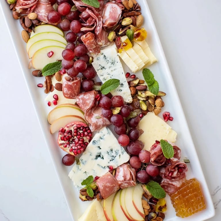 Elegant Pomegranate Jewel Cascade appetizer; cheese, cured meats, and pomegranate seeds cascade across the board.