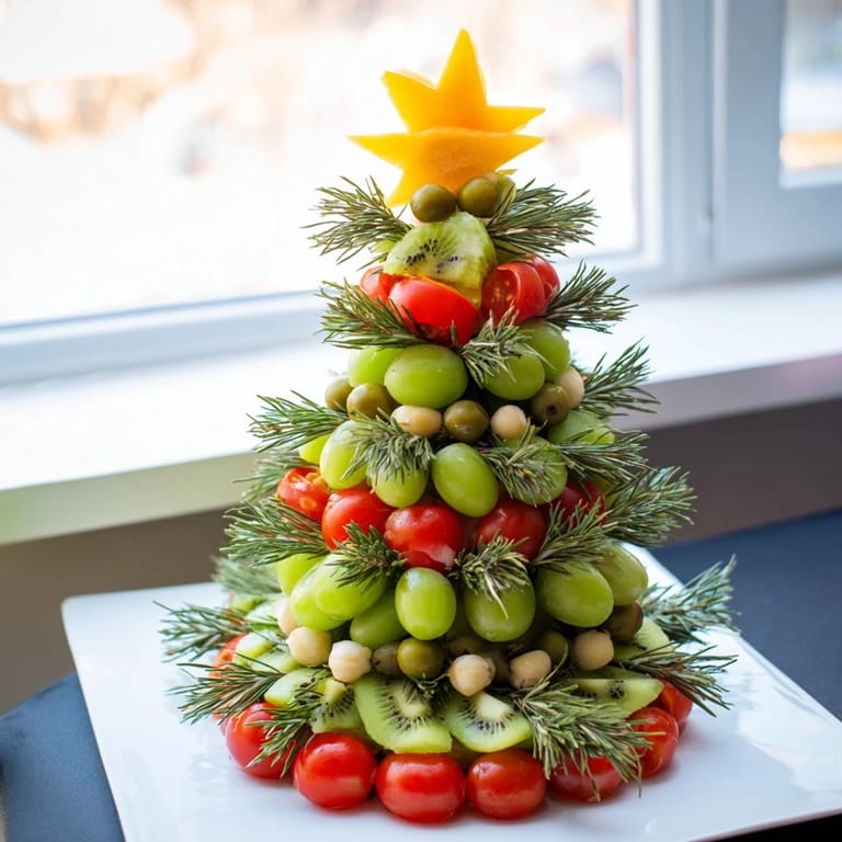 Vibrant Christmas Tree Triangle Board features colorful mozzarella ball ornaments and pomegranate seeds.