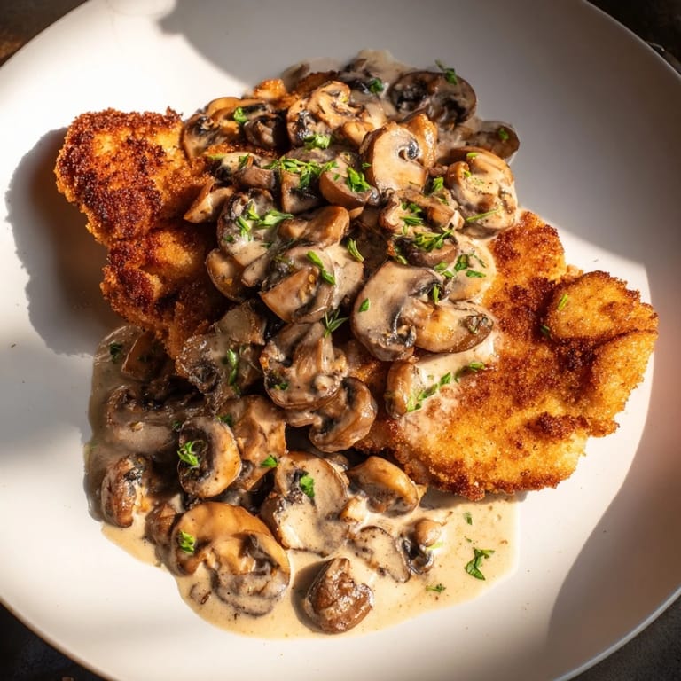 A close-up shot of the savory Hunters Schnitzel, a German classic, served on a white plate.