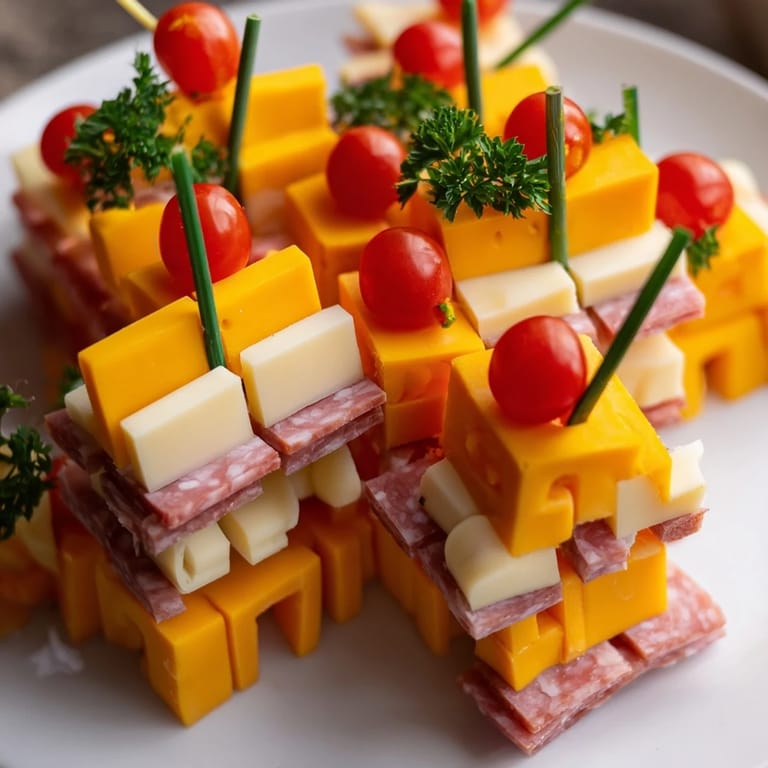 A colorful The Checkerboard Chalet displays a cheese and meat checkerboard base, topped with chalet.