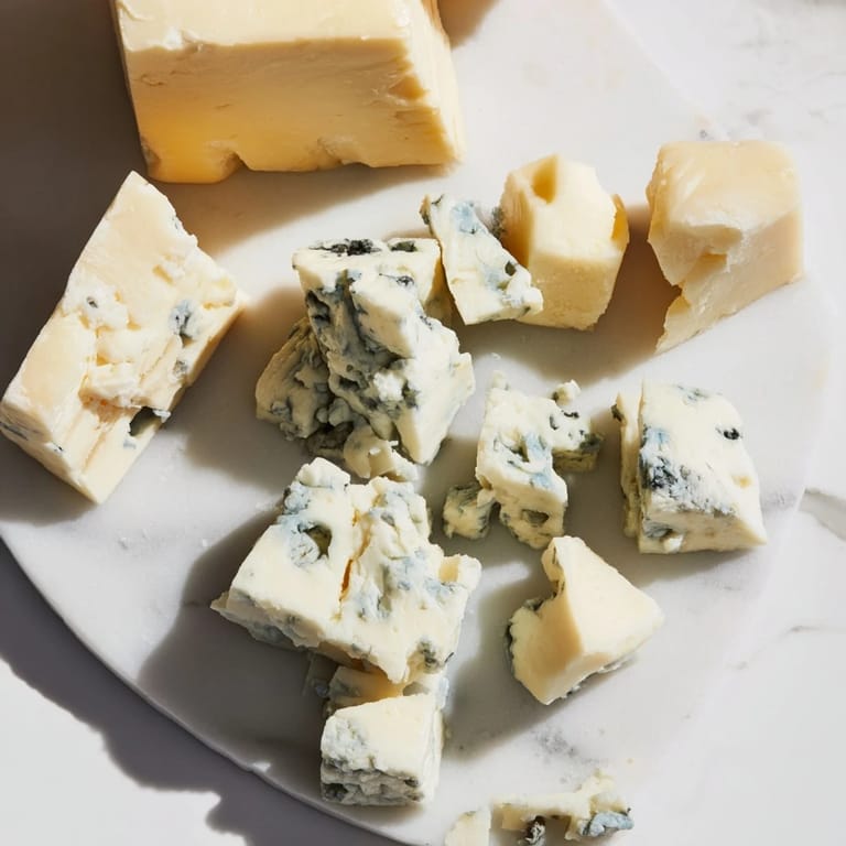"Delectable The Marble Quarry cheese arrangement with blue cheese and cheddar, ready for serving with fruit."