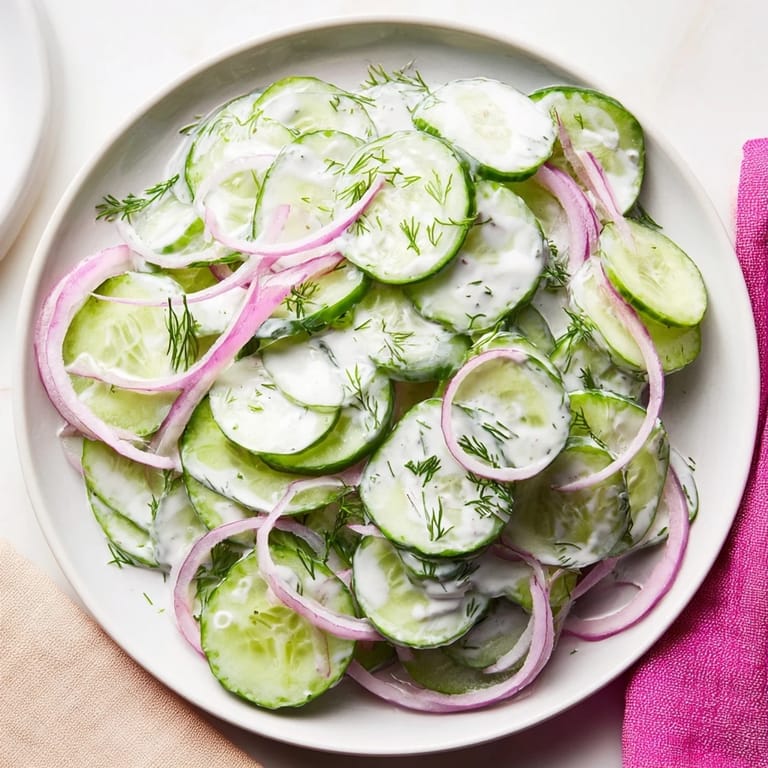 Close-up of Omas German Cucumber Salad, showing crisp cucumber slices in a tangy dressing.