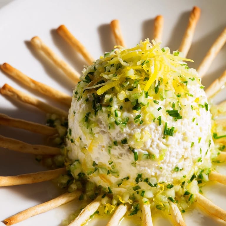 Brightly colored Tuscan Sunburst, a flavorful appetizer, displays golden peppers with goat cheese and breadsticks.