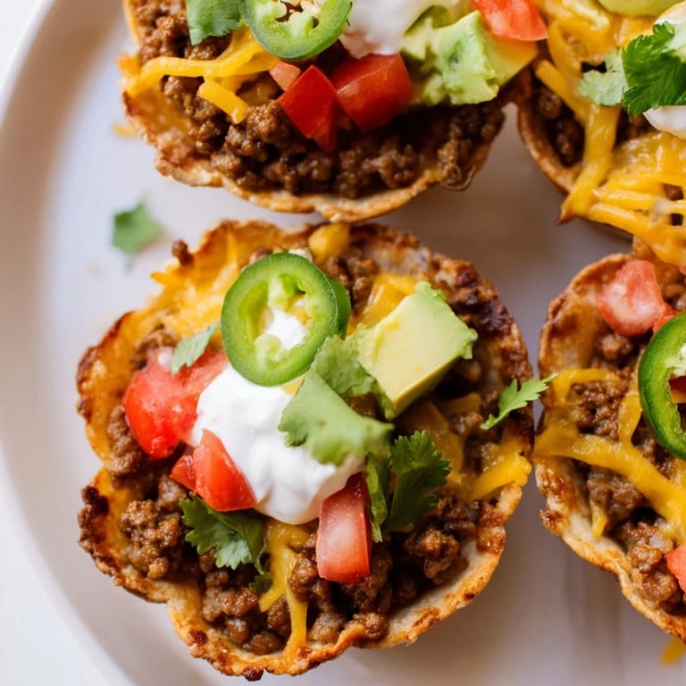 Golden-baked mini Taco Cups, looking crispy and delicious, perfect for a quick and fun meal.