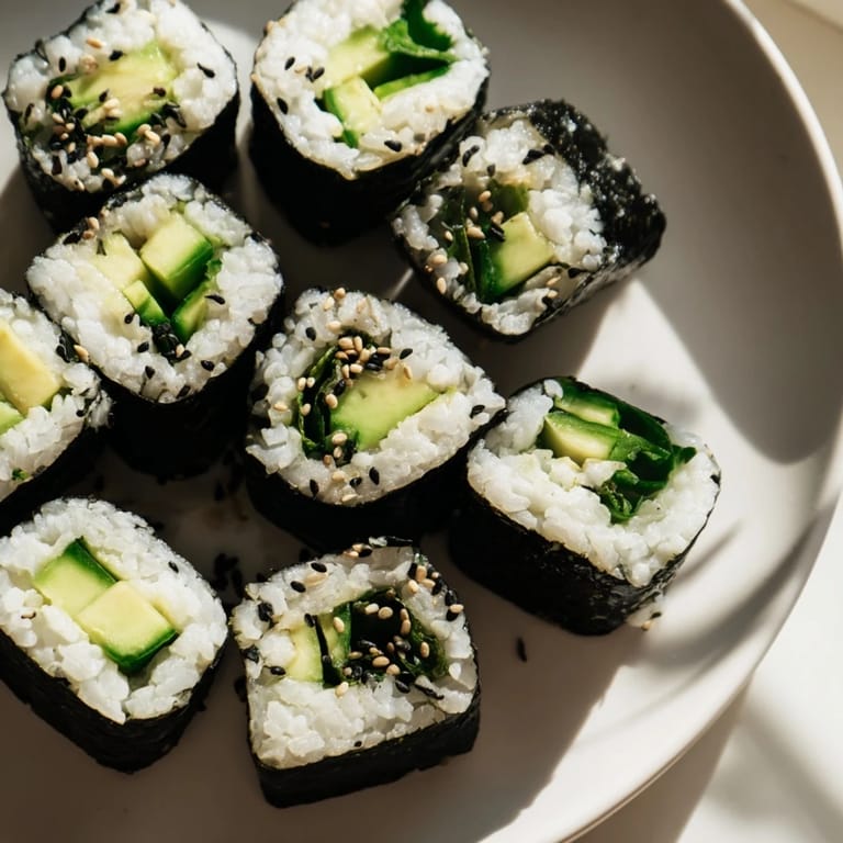 Vibrant avocado cucumber sushi rolls, beautifully arranged, filled with fresh cucumber, ready to be served.