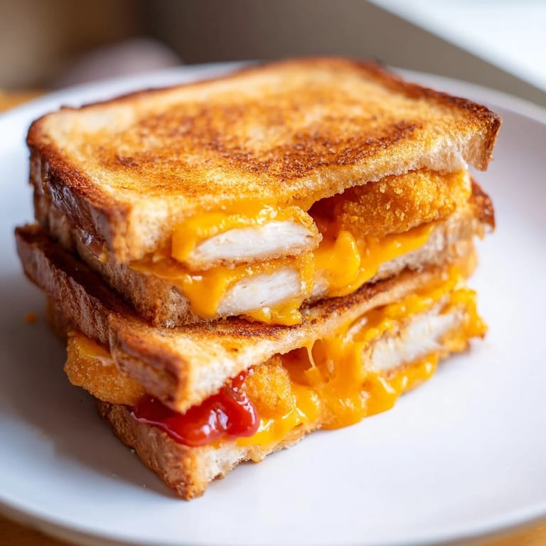 Delectable chicken nugget grilled cheese sandwich cut in half, ready to enjoy with a bite.