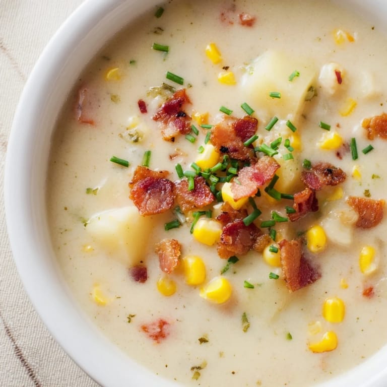 Golden, steaming corn chowder soup, a perfect American soup for a cozy, delicious meal.