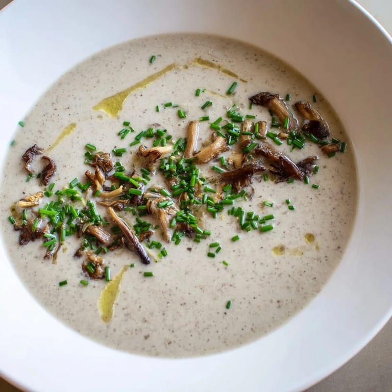 Close-up of a smooth, delicious Creamy Mushroom Bisque, highlighting the mushroom texture and creamy broth.