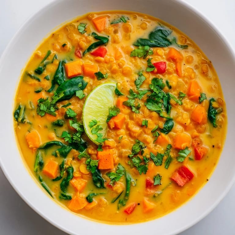 A steaming bowl of flavorful Lentil Red Curry Soup, offering a comforting and satisfying meal.