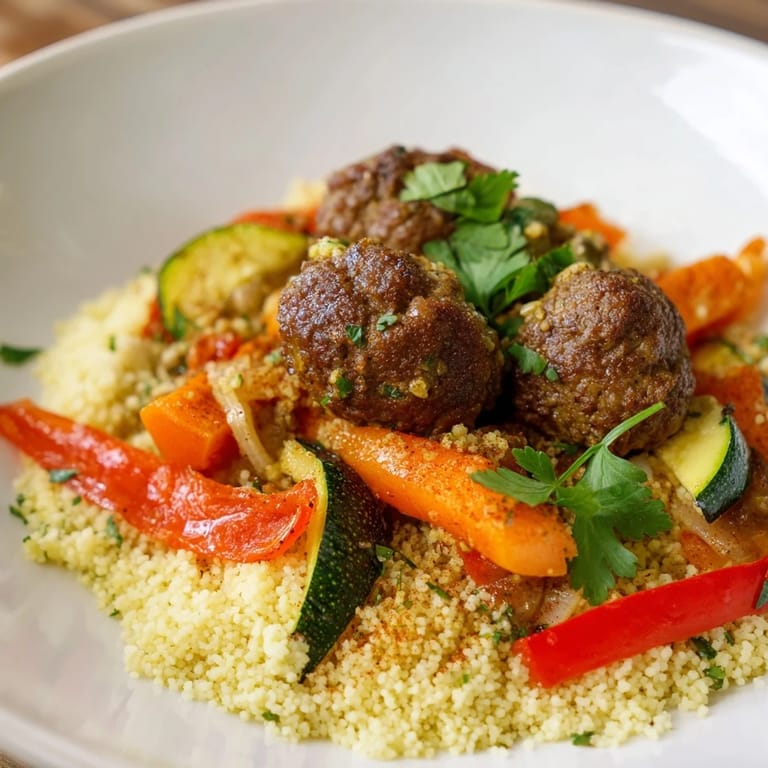 A comforting bowl of North African Couscous Kefta with spiced meatballs and fragrant vegetables, perfect dinner.
