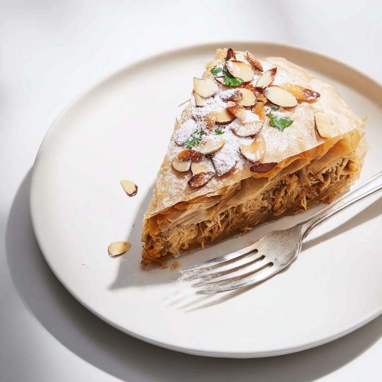 Marokkanischer Pastilla Pie serviert mit einer großzügigen Staubzucker- und Zimt-Garnierung.