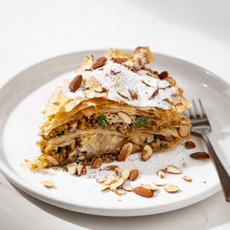 Ein köstlicher, goldbrauner Marokkanischer Pastilla Pie, der mit zarten Phyllo-Blättern zubereitet wird.