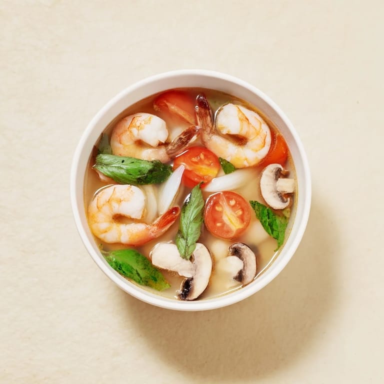 Nahaufnahme von Spicy Tom Yum Soup in einer Schüssel, dekoriert mit Limettenkeilen und Koriander.