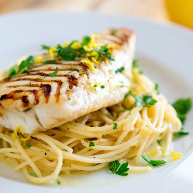 Zitronen-Butter-Sauce umhüllt spaghetti-al-dente und zartes gegrilltes Seebarsch-Filett auf dem Servierteller.