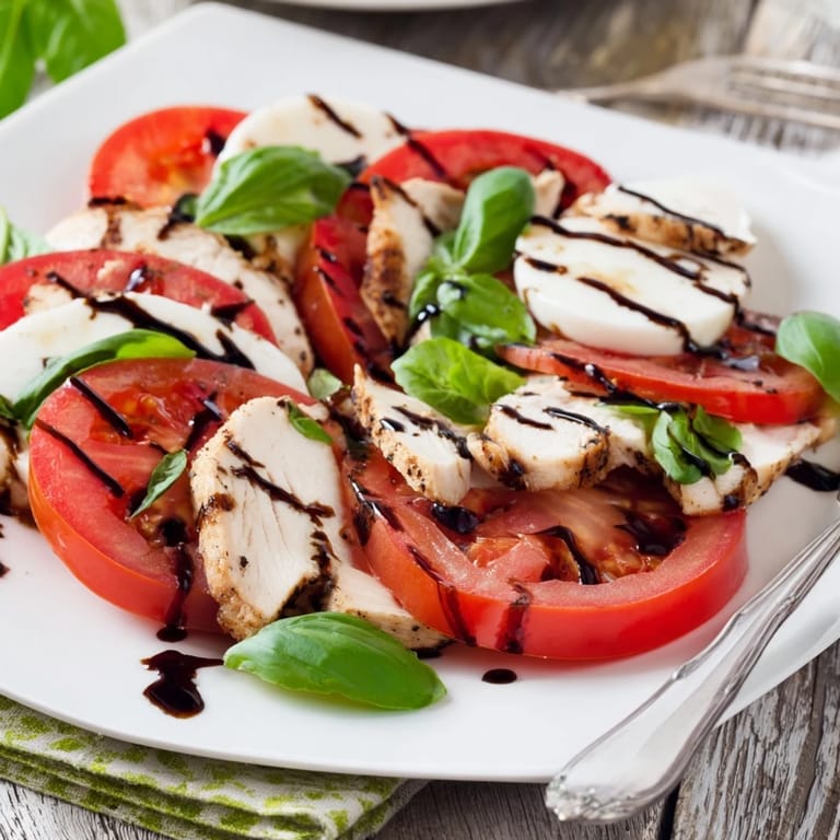 A juicy slice of grilled chicken breast rests on ripe tomato and creamy mozzarella.