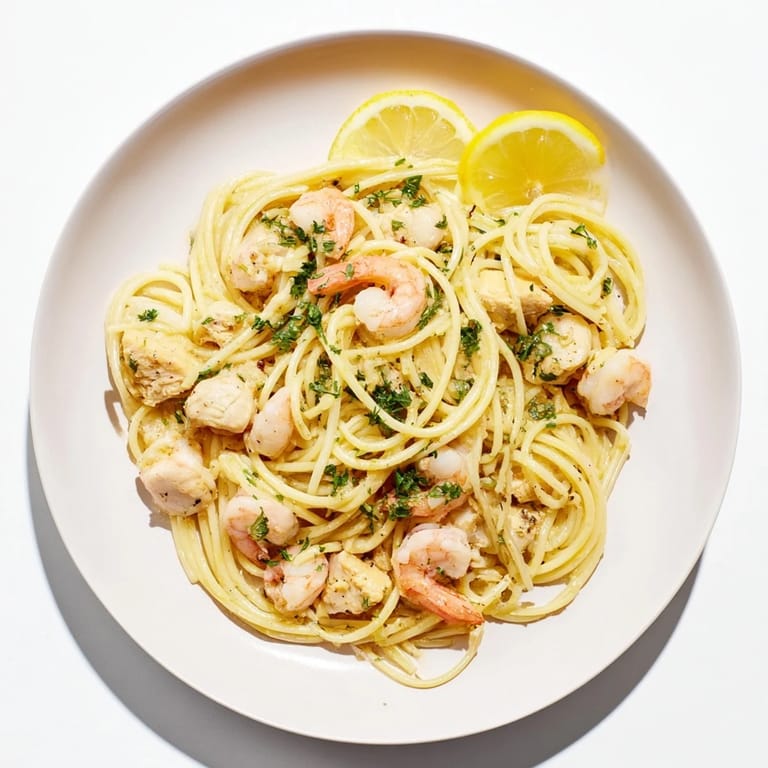 Eine dampfende Portion Lemon Garlic Shrimp & Chicken Pasta mit Saft flockiger Garnelen und zartem Hähnchen.