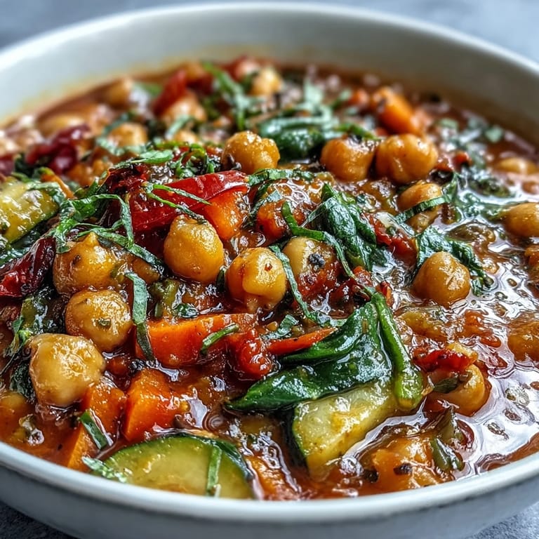 Ein bunter Topf voll würzigem scharfem Kichererbsen-Eintopf, bereit zum Genießen.